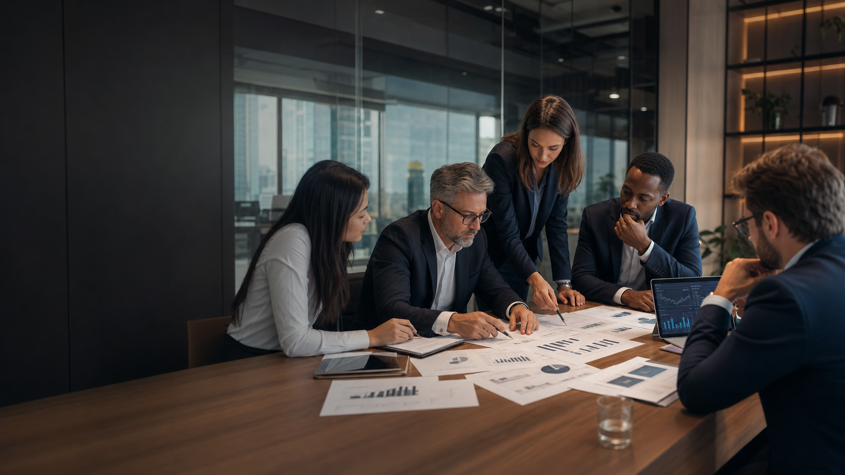 Portfolio analysts reviewing charts and real estate performance reports in a premium office meeting.
