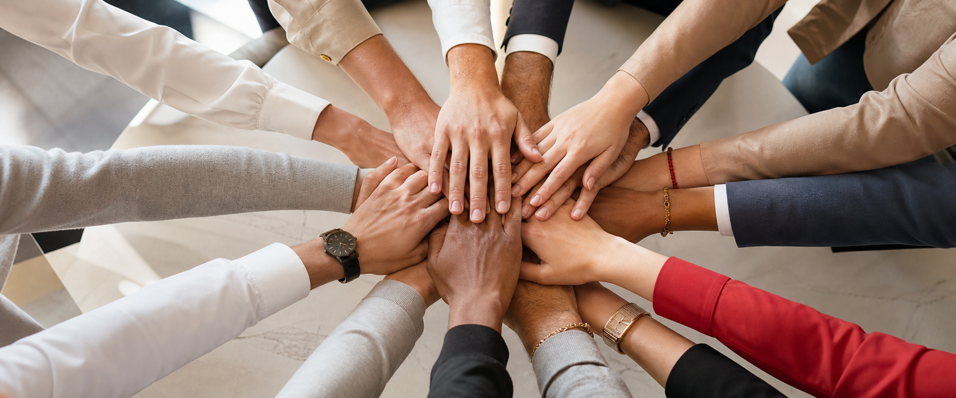 A larger group of diverse hands joining together as a symbol of teamwork and portfolio support.