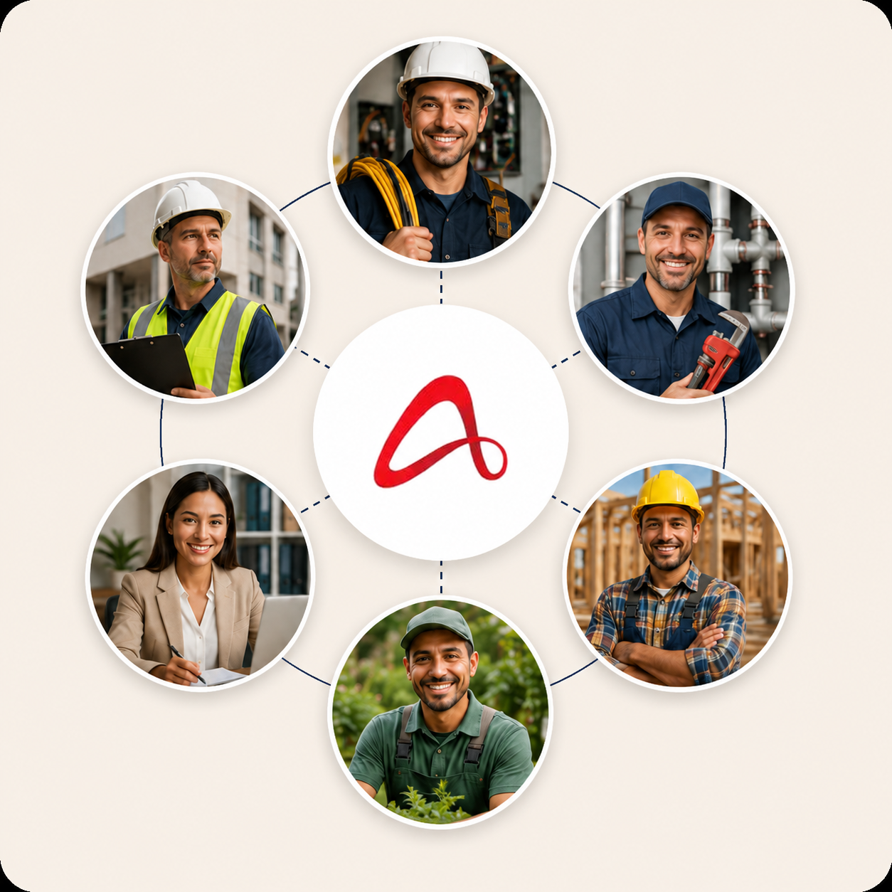 Allure at the center of a coordinated network of trusted professionals — electrician, plumber, builder, gardener, accountant and inspector — each connected to the portfolio.
